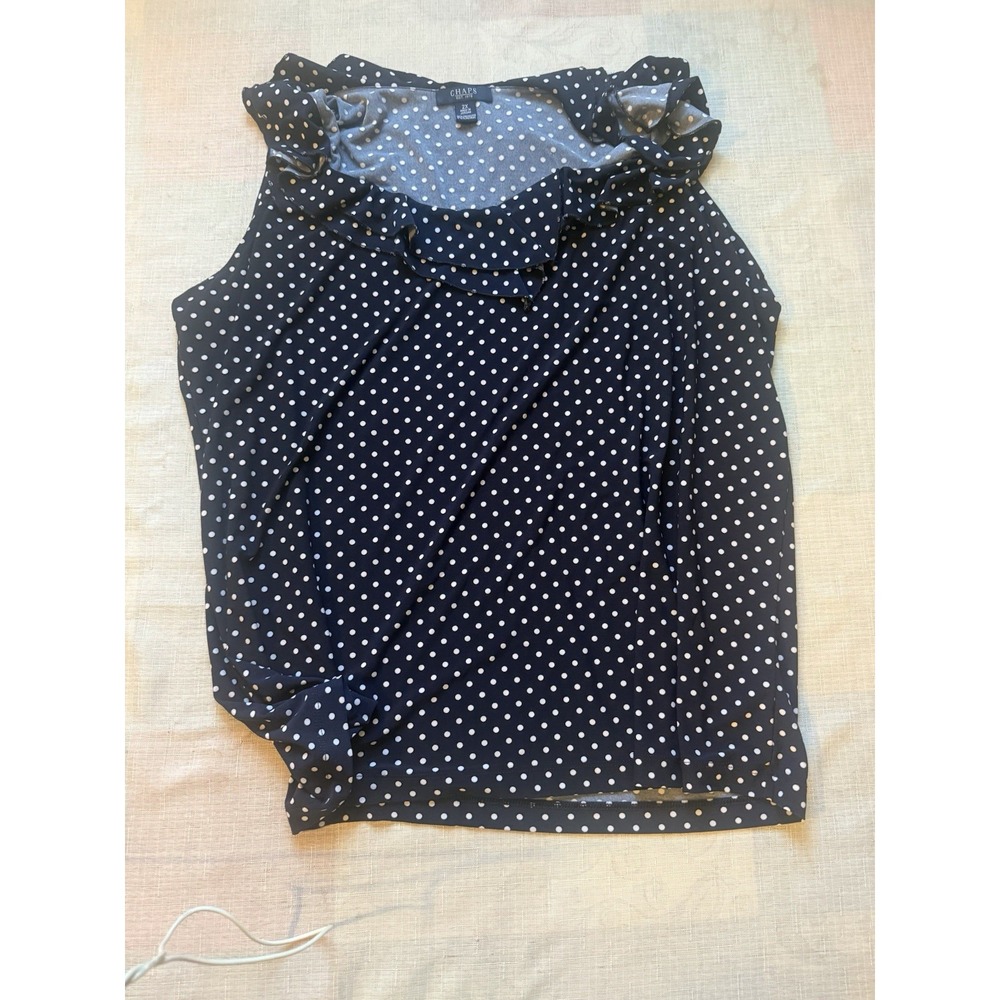 CHAPS Women's 2X Plus Black White Polka Dot Ruffle Blouse Top Short Sleeve—1